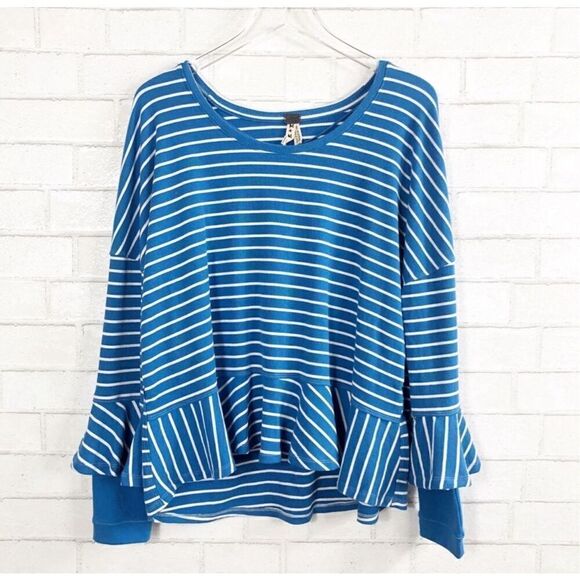 FREE PEOPLE Roundabout Blue White Nautical Henley Peplum Tee Size Medium - Picture 5 of 8